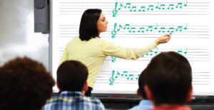 Indiana teacher using a music staff lined whiteboard