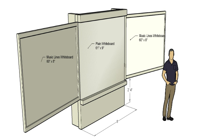 rendering of cabinet with dry erase surface, with cabinet doors open